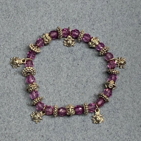 Beaded Stretch Charm Bracelet 7 In Purple Faceted Silver Ladybug Dangles Retro - Picture 1 of 4